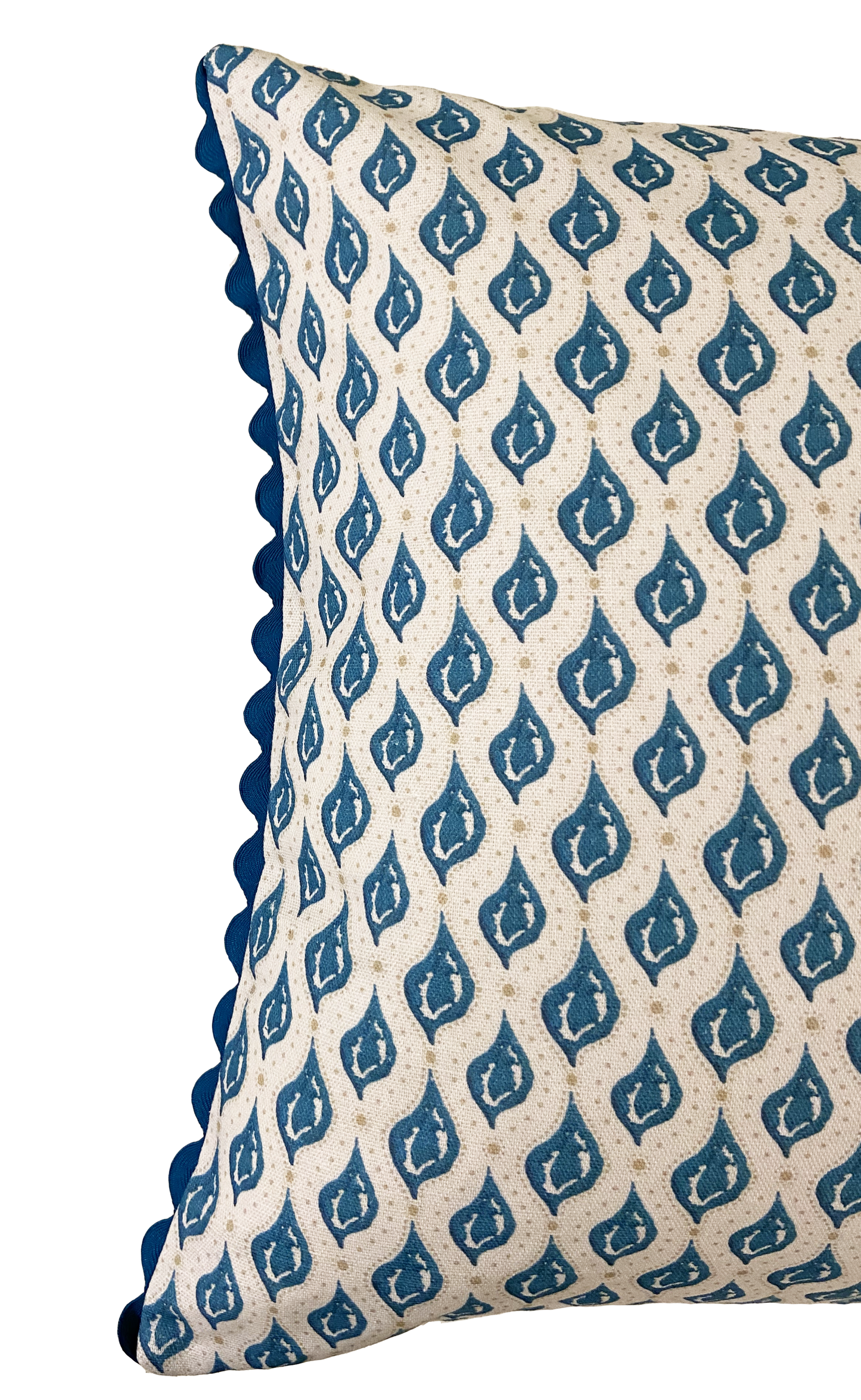 MEANDER CUSHION WITH TEAL RIC RAC TRIM