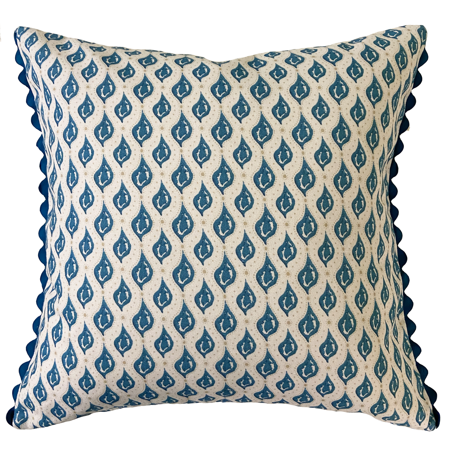 MEANDER CUSHION WITH TEAL RIC RAC TRIM