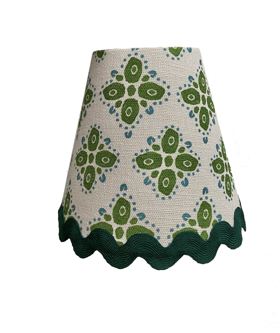 PAIR OF BLOOM EMERALD CANDLE CLIP SHADES WITH FOREST RIC RAC TRIM